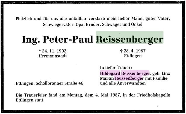 Reissenberger Peter Paul 1902-1987 Todesanzeige